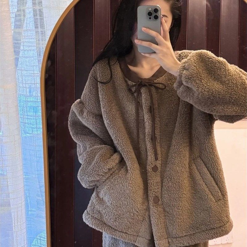 韩版甜美撞色系带北羔绒亲子睡衣女秋冬儿童可外穿加绒加厚家居服
