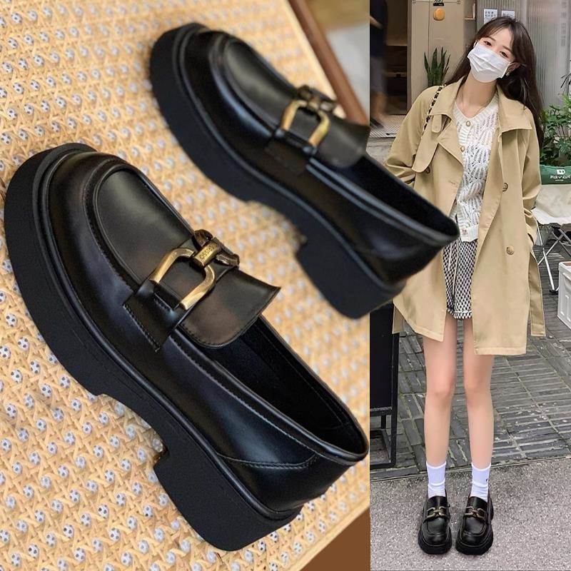 香港厚底学院jk小皮鞋女2025春季英伦风乐福鞋一脚蹬黑色复古单鞋