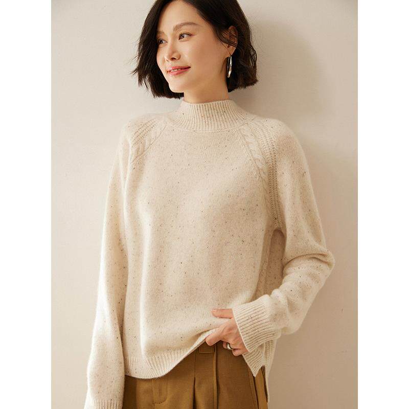 气质优雅~麻花插肩山羊绒衫女半高领宽松显瘦针织衫打底软糯毛衣