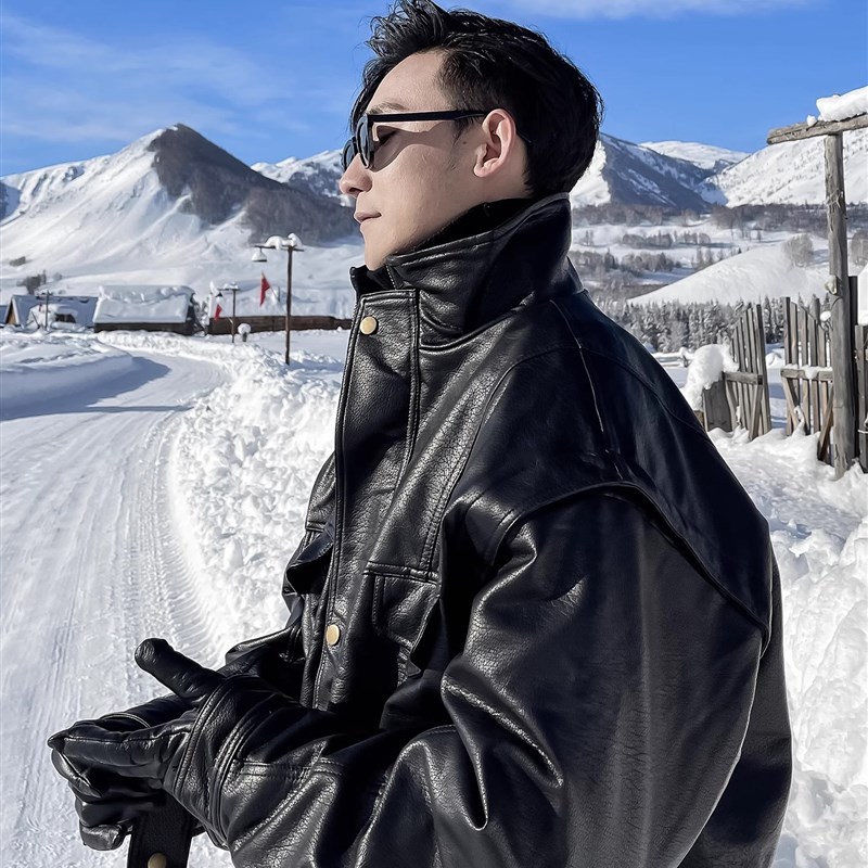 高端皮衣男春秋季薄款ins潮帅气翻领宽松机车服夹克外套