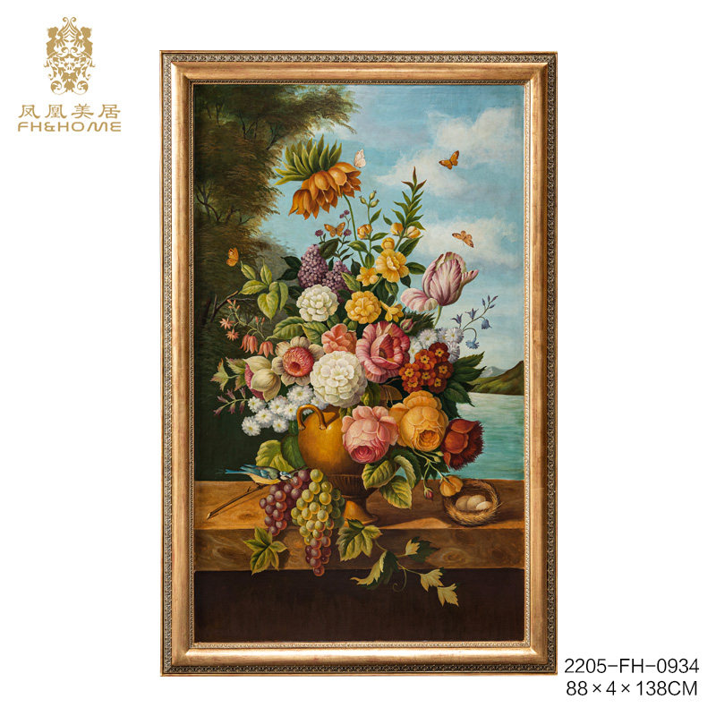 凤凰美居欧式植物花卉手工彩绘挂画玄关装饰画竖版工艺画