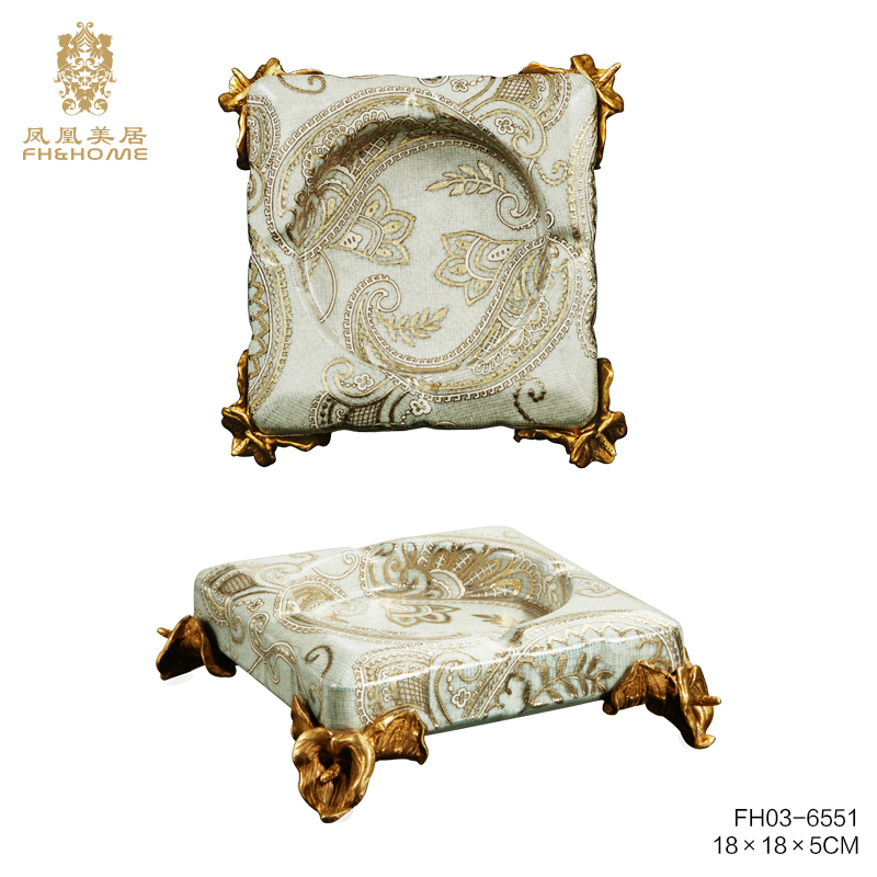 凤凰美居欧式彩绘高温瓷正方形铜底座烟灰缸高端客厅雪茄缸烟灰缸