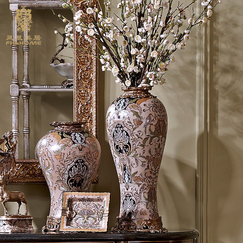 凤凰美居奢华欧式长身肥肩瓶手绘图案花瓶玄关插花瓶干花瓶装饰瓶