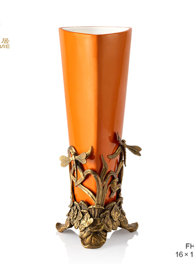 凤凰美居 欧式橙色三角高温陶瓷彩绘纯色铜底座花瓶家居装饰花器