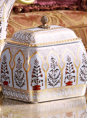 凤凰美居欧式陶瓷高温彩绘蓝色树木小号八角盖盒糖果储物罐送礼