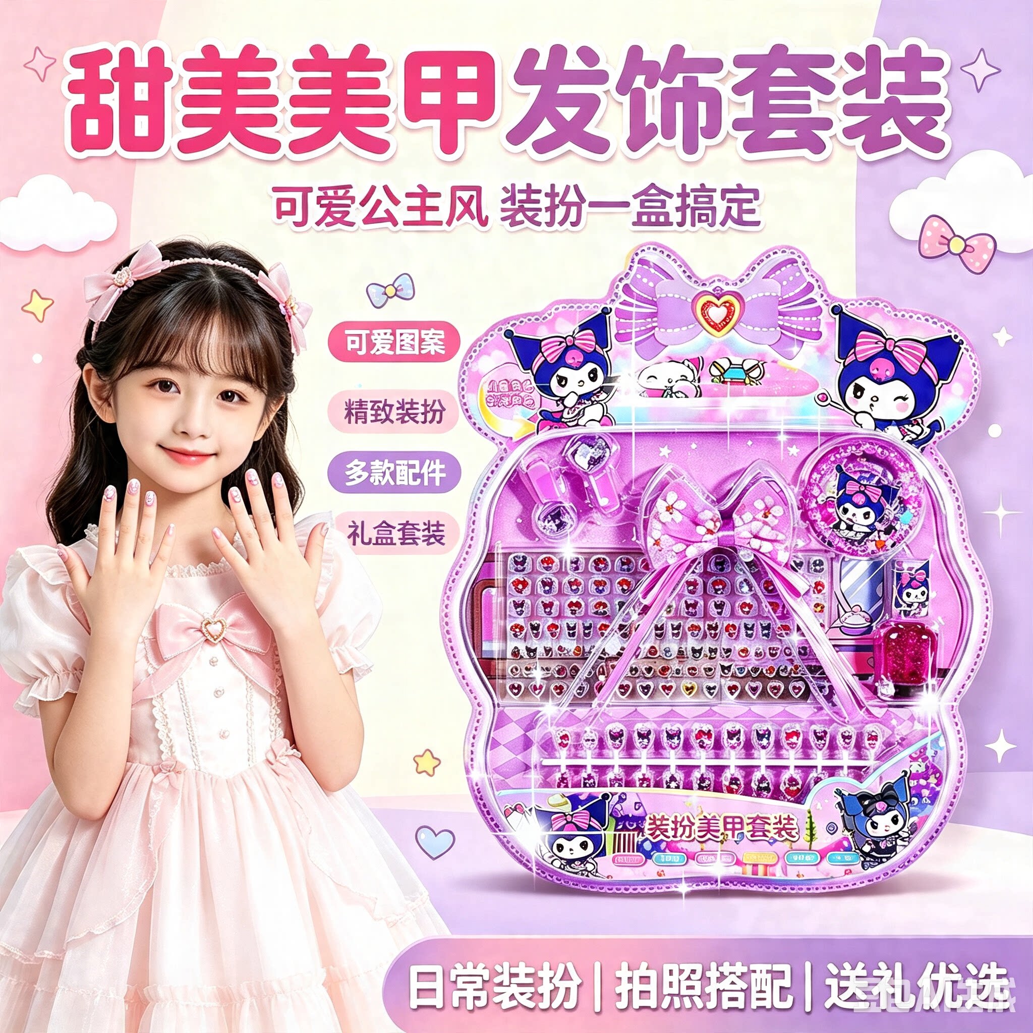 正品库洛紫指甲贴儿童女孩无毒无味美甲贴假片女孩小朋友2024
