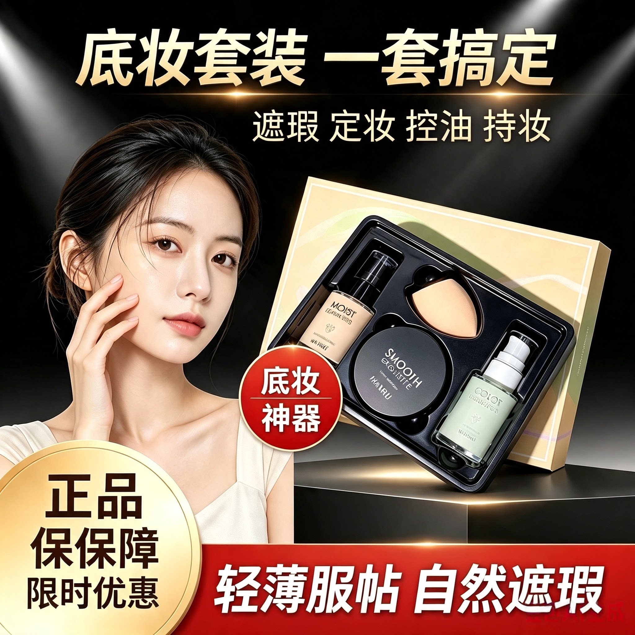 正品底妆套装粉底液+隔离霜+定妆粉控油持久不脱妆遮瑕提亮