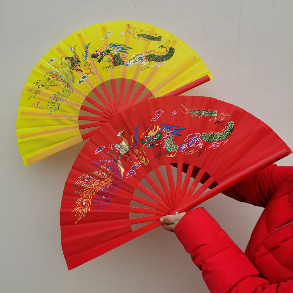 太极扇竹骨功夫扇响扇武术扇右手扇龙凤图案塔夫绸单扇面送扇袋_虎窝淘