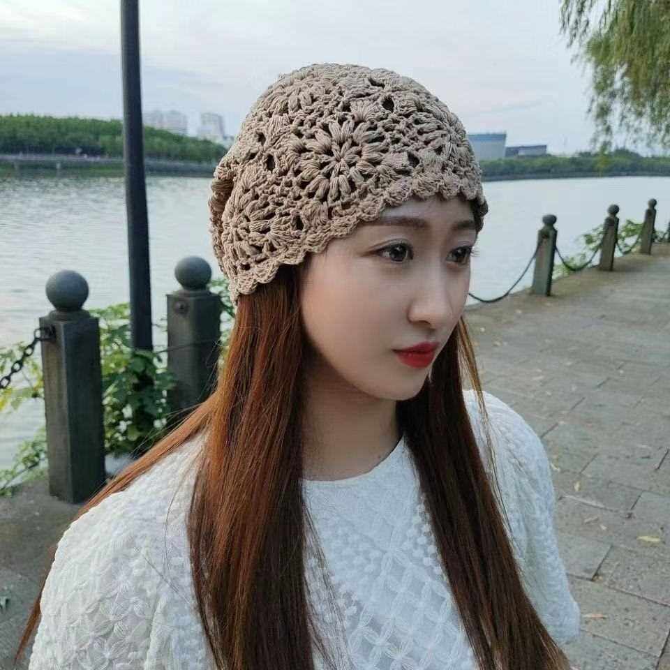 春秋薄款镂空手工女钩帽子勾花编织女士毛线针织帽夏季网红包头帽