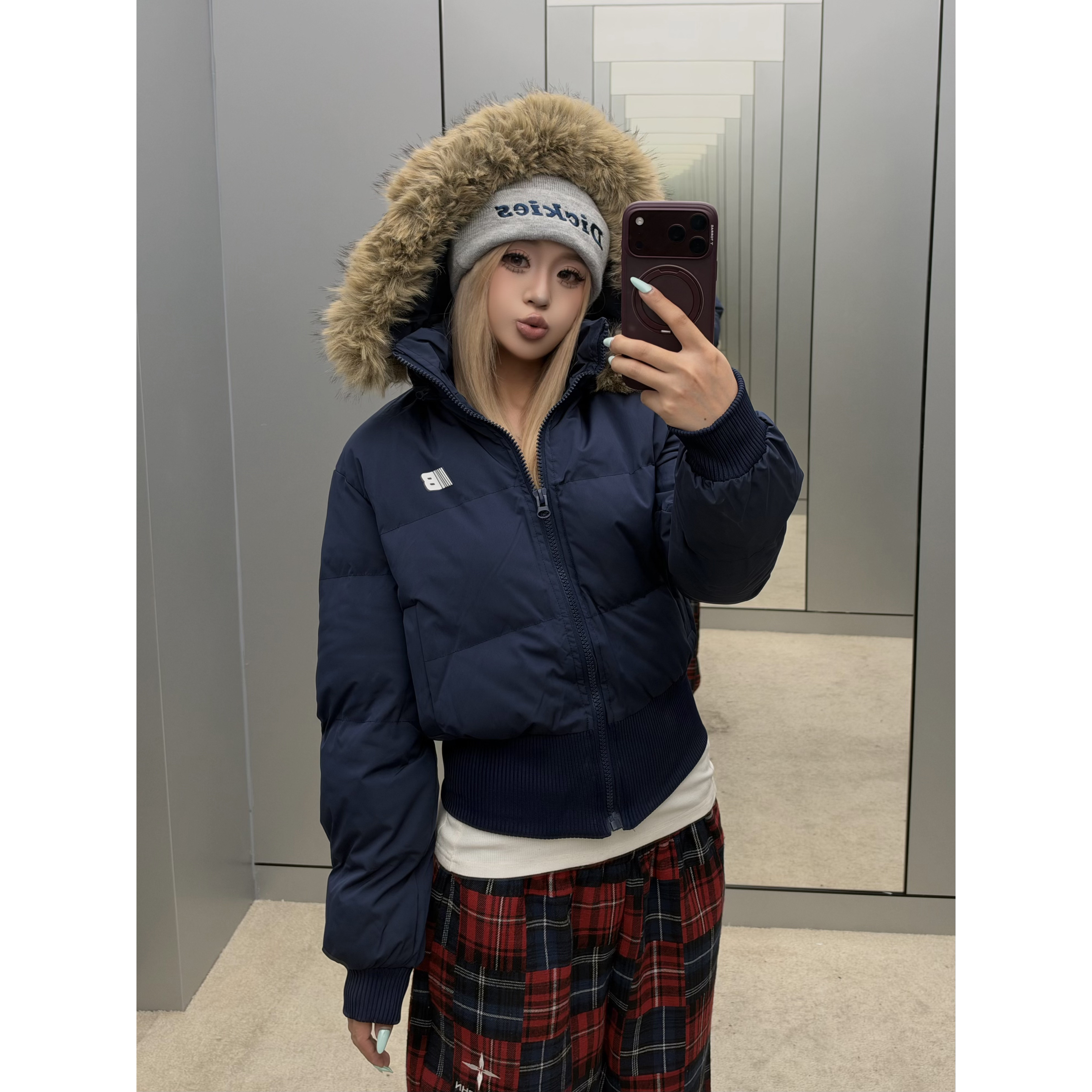 美式复古座山雕辣妹毛领连帽棉服