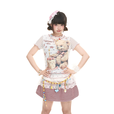 原创小熊星星满印圆领正肩女短袖