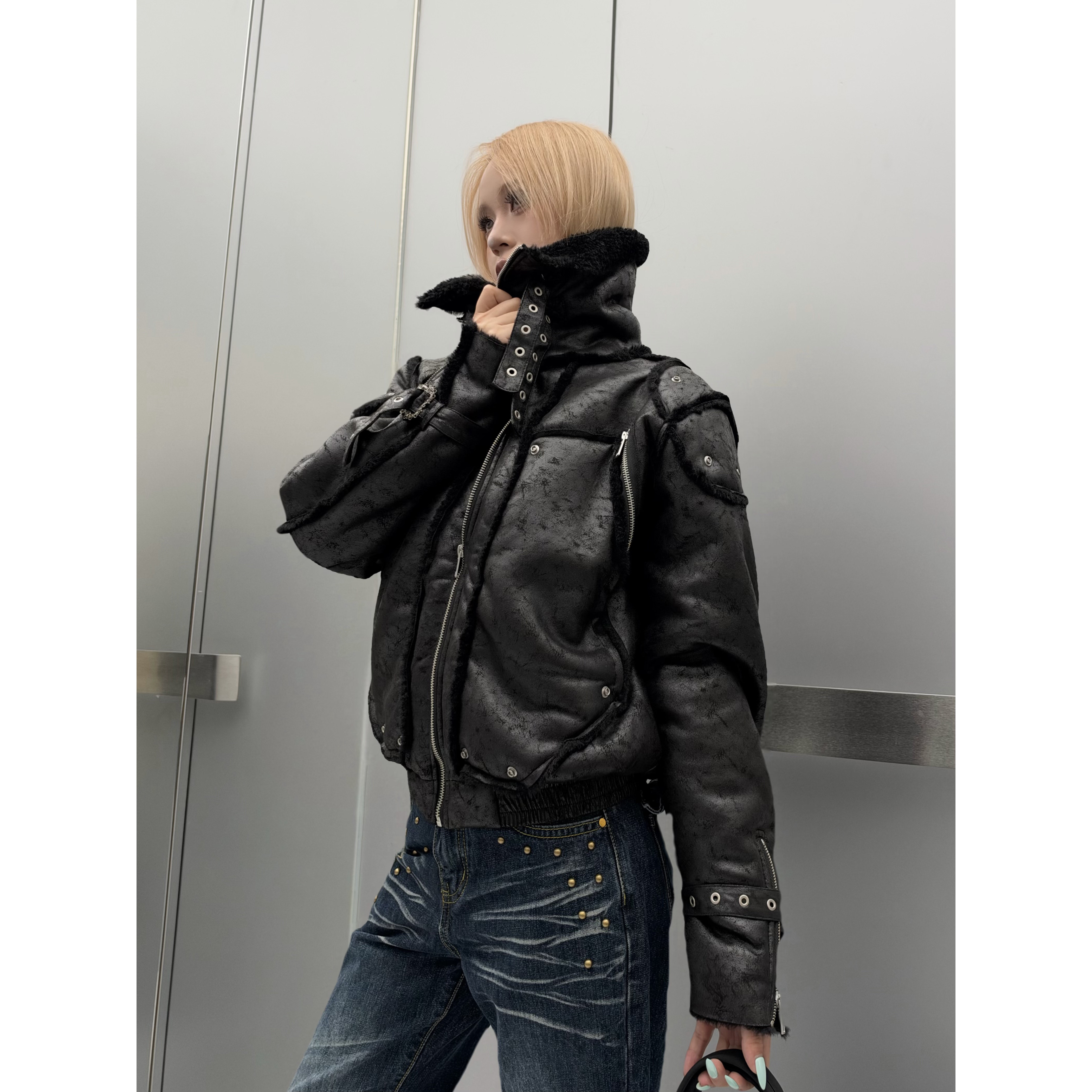 美式高街酷感柳钉做旧工装女棉服