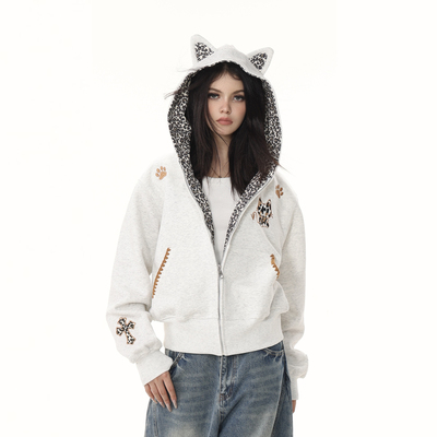 美式小恶魔贴布豹纹连帽拉链卫衣