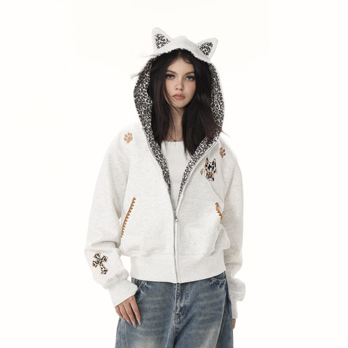 美式小恶魔贴布豹纹连帽拉链卫衣