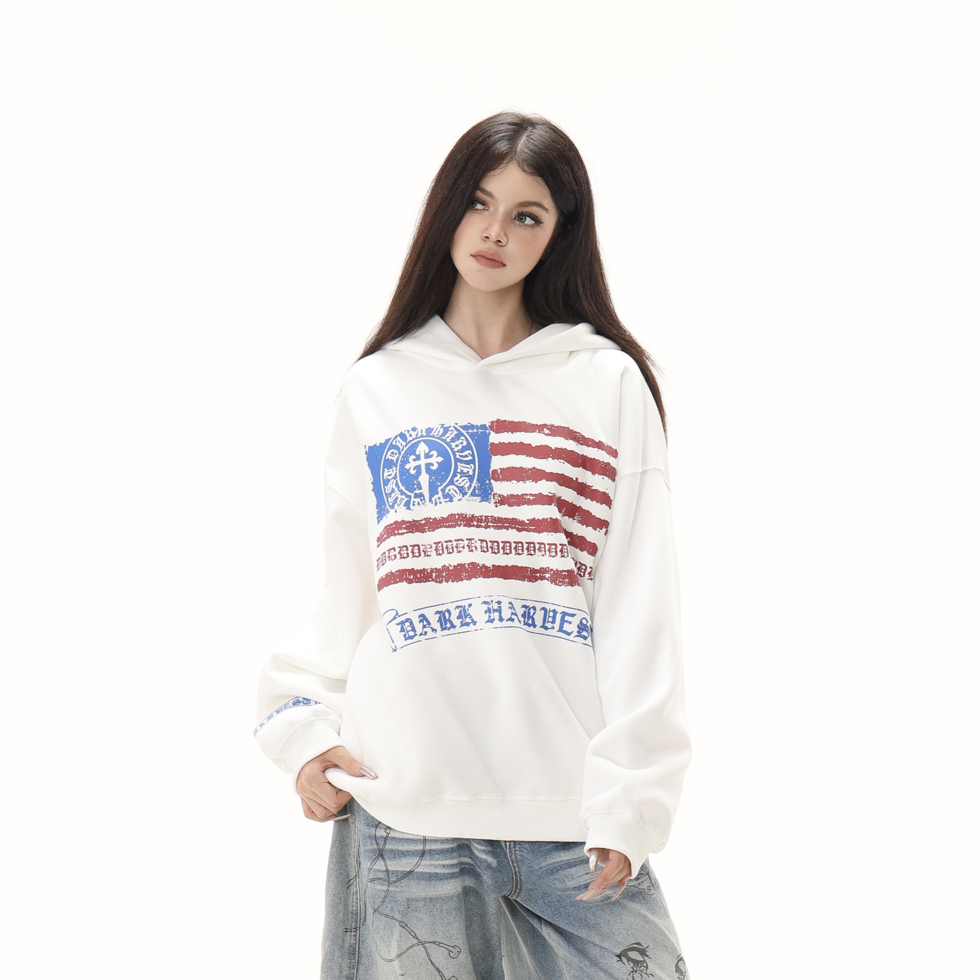 【零碎岛屿】美式原创复古街头字母印花连帽卫衣男女秋季宽松帽衫