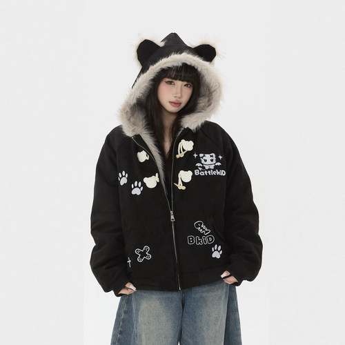 国潮原创猫咪刺绣座山雕连帽棉服