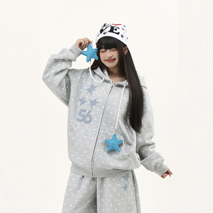 零碎岛屿美式原创星星满印连帽开衫外套男女休闲阔腿卫裤两件套
