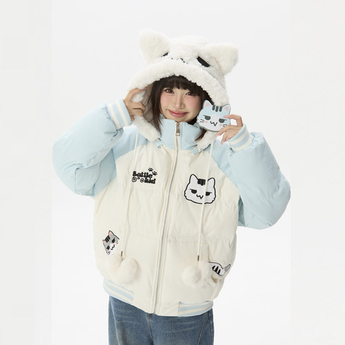 零碎岛屿原创猫咪魔术贴撞色棉服