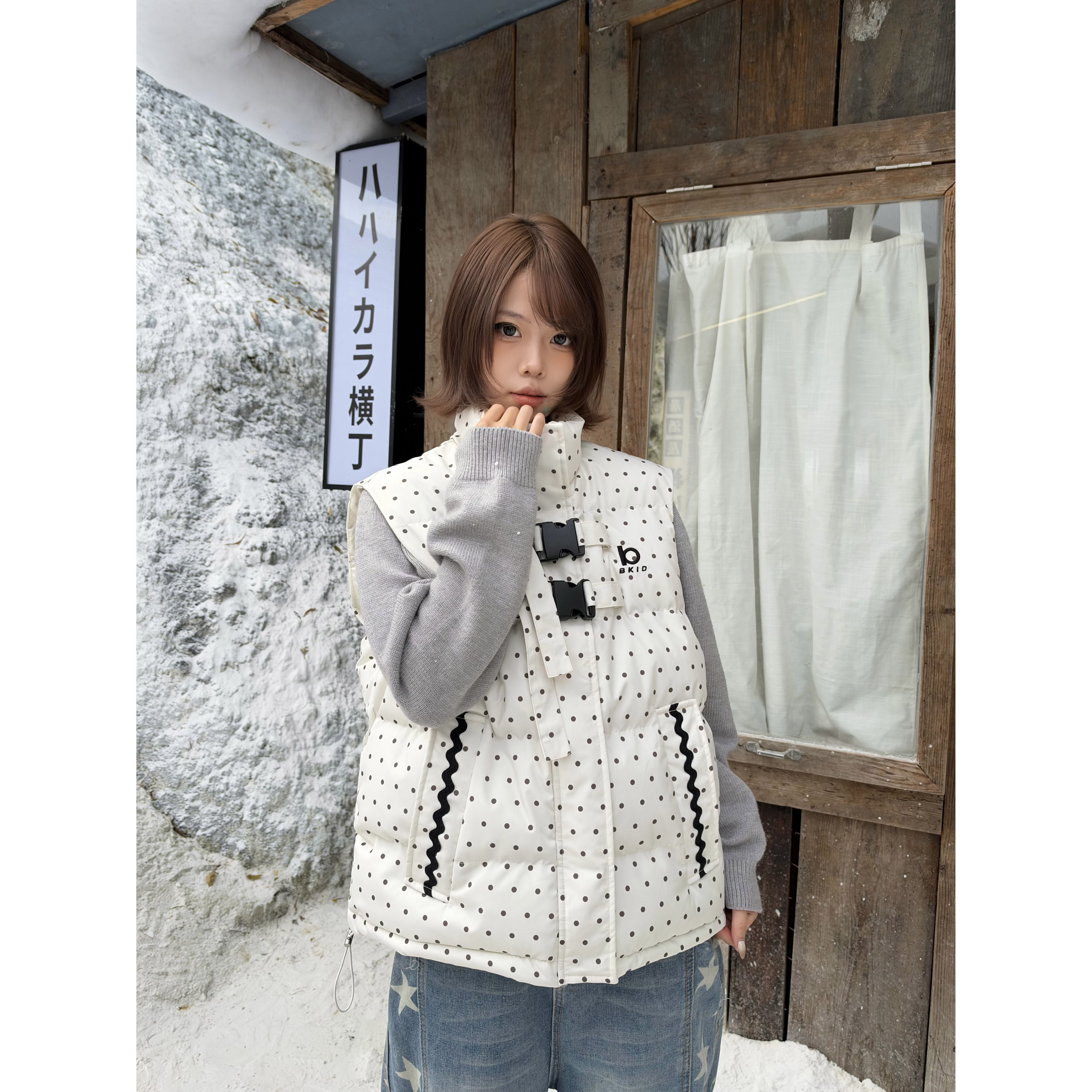 复古立领波点百搭无袖棉服外套