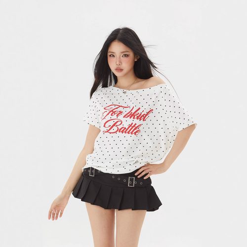 美式复古辣妹波点一字肩斜肩短袖