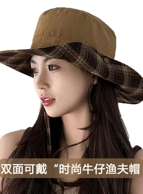 春夏双面格纹渔夫帽女遮阳显脸小