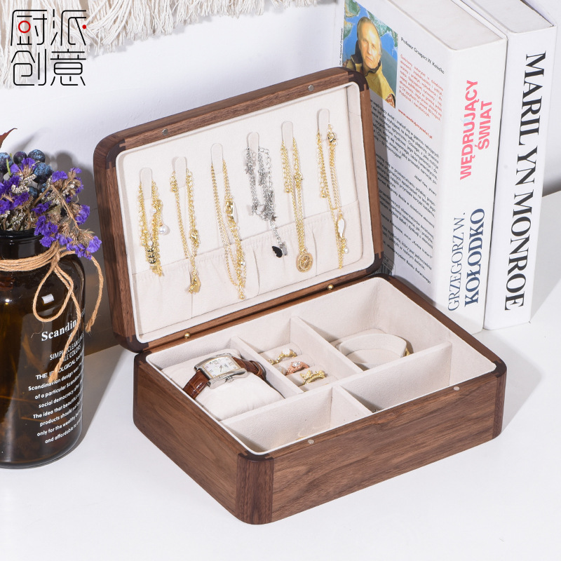 胡桃木网红首饰盒首饰箱戒指耳环手镯珠宝收纳盒多功能饰品盒项链