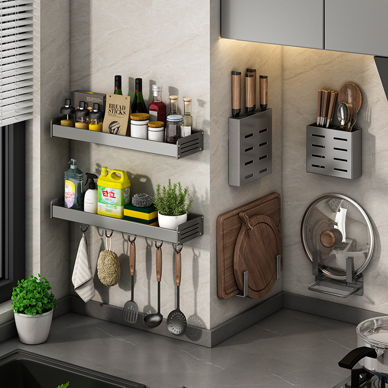 枪灰厨房置物架免打孔调味料架壁挂刀架家用用品大全多功能收纳架