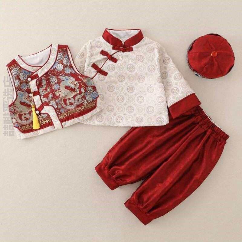 小孩拜年服男童马年国风套装孩童冬季儿童新年保暖唐装女孩中式