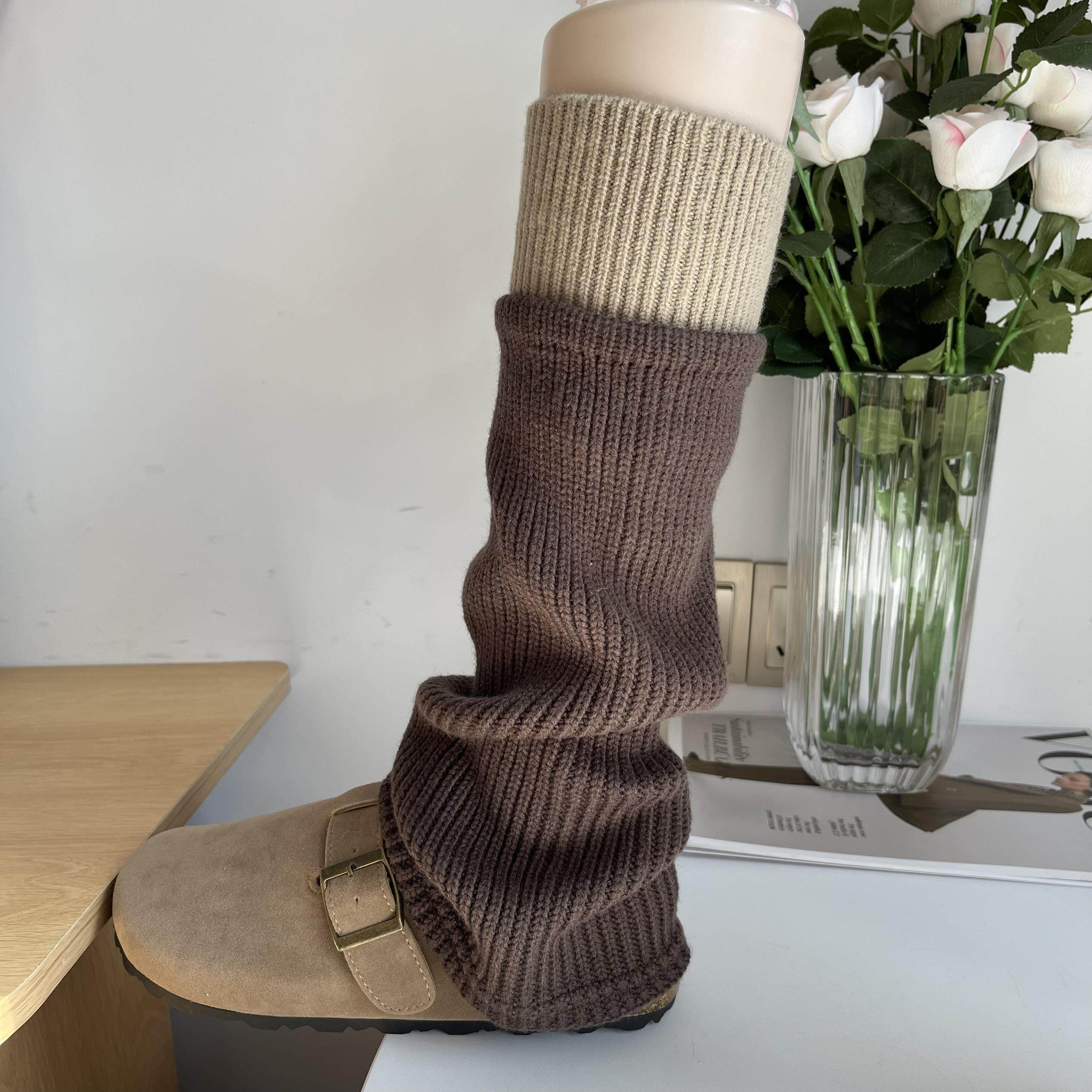 微喇阔腿咖啡棕色羊毛袜套女秋冬时髦复古拼色针织腿套防滑不易掉