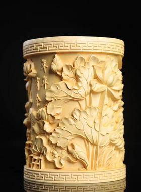 黄杨木年年有余圆形笔筒红木摆件创意雕刻桌面收纳长辈老师送礼