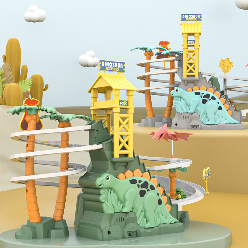 双滑轨恐龙爬楼梯灯光音乐充电动小黄鸭滑梯小猪益智拼装轨道玩具