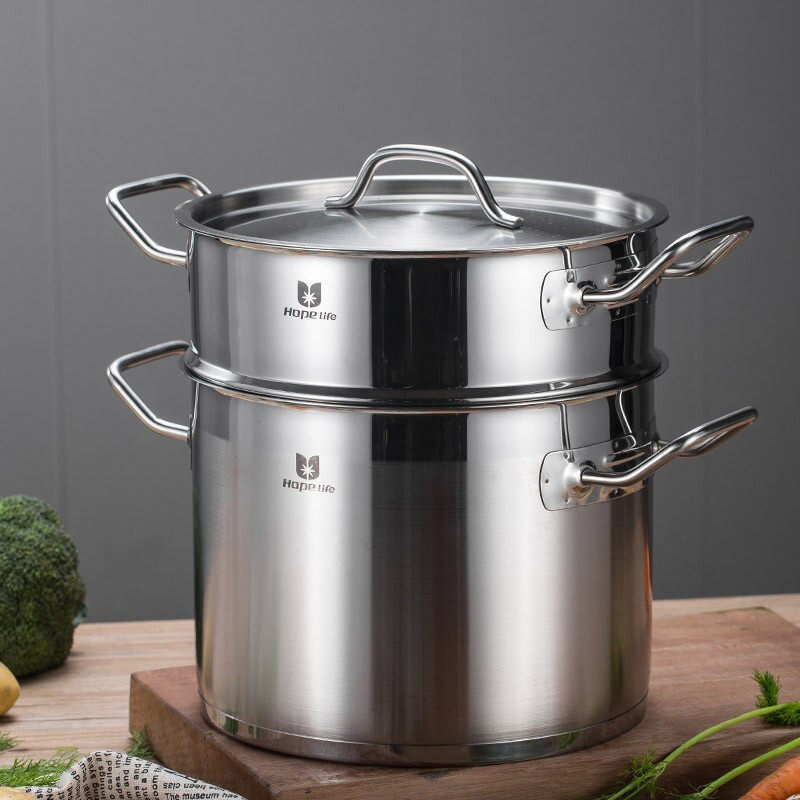加厚304不锈钢三层复底一锅蒸锅家用燃气电磁炉通用双耳汤锅