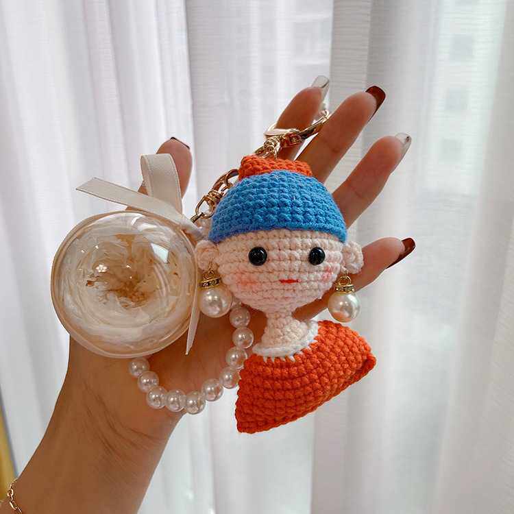 手工编织袋珍珠耳环的女孩永生花钥匙扣可爱汽车钥匙链包挂件礼物