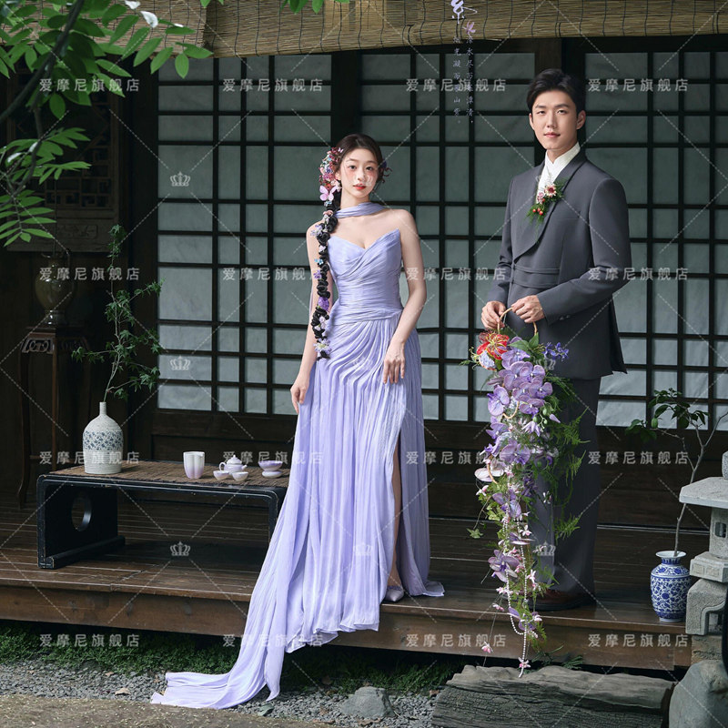 影楼新款紫色抹胸唯美浪漫新中式园林风婚纱照公主风晨袍结婚礼服