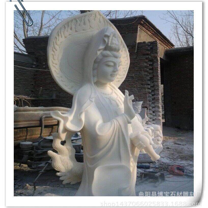定制石雕观音寺庙佛像 汉白玉石头观音雕像 手捏柳枝菩萨站像优惠