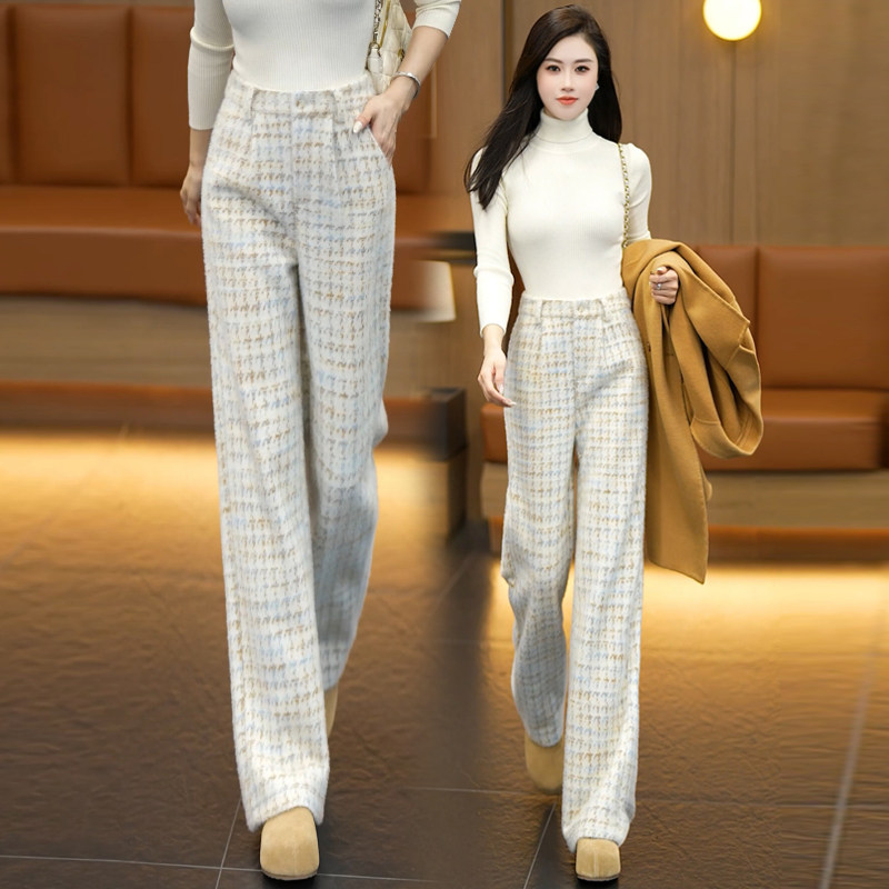 格子软糯毛呢阔腿裤女秋冬加厚2025新款宽松垂感休闲直筒糯米裤子,女装/女士精品,休闲裤,淘宝优惠券,粉丝福利购,淘宝优惠卷