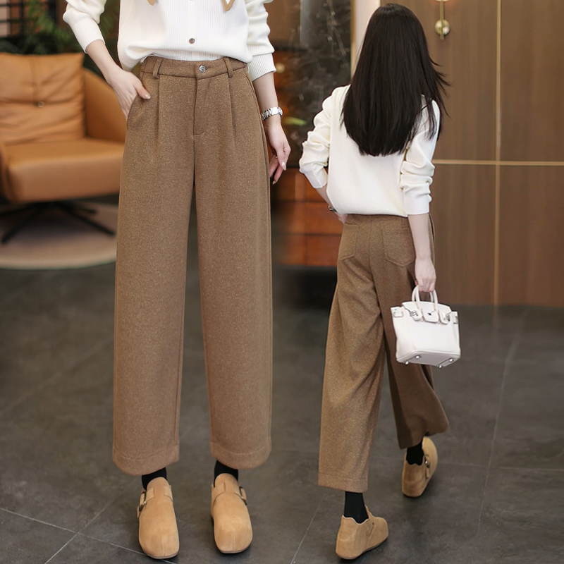 卡其色九分醋酸羊毛直筒裤女秋冬
