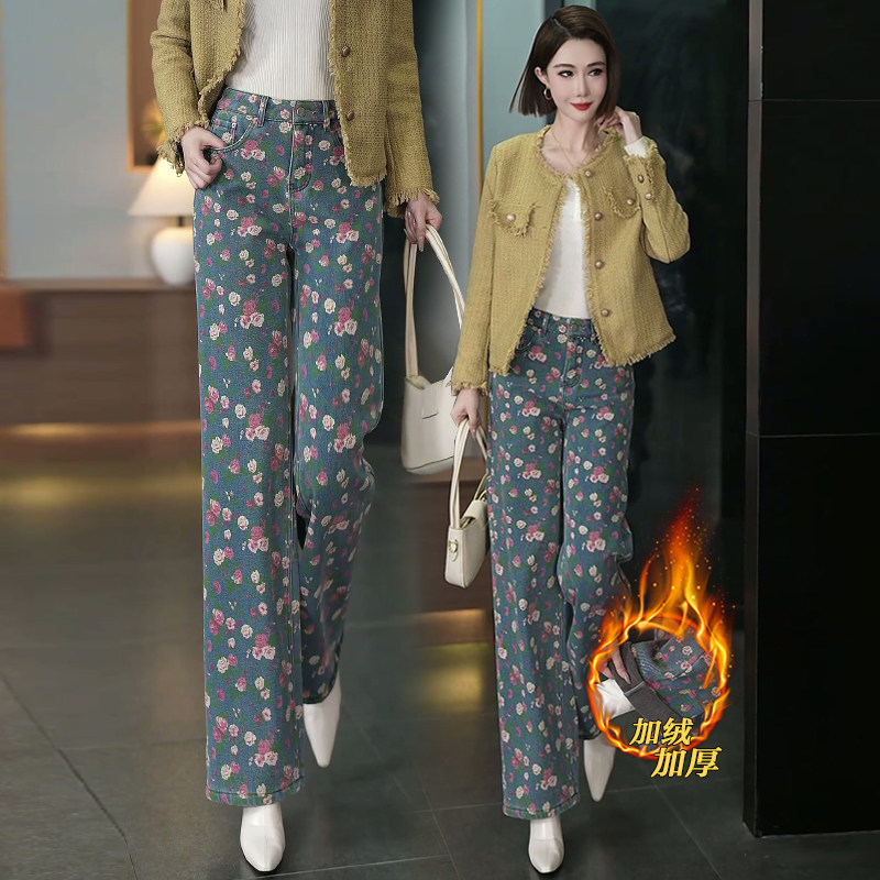 纯棉印花牛仔阔腿裤女秋冬加绒加厚2025新款高腰小个子直筒裤子冬,女装/女士精品,牛仔裤,淘宝优惠券,粉丝福利购,淘宝优惠卷