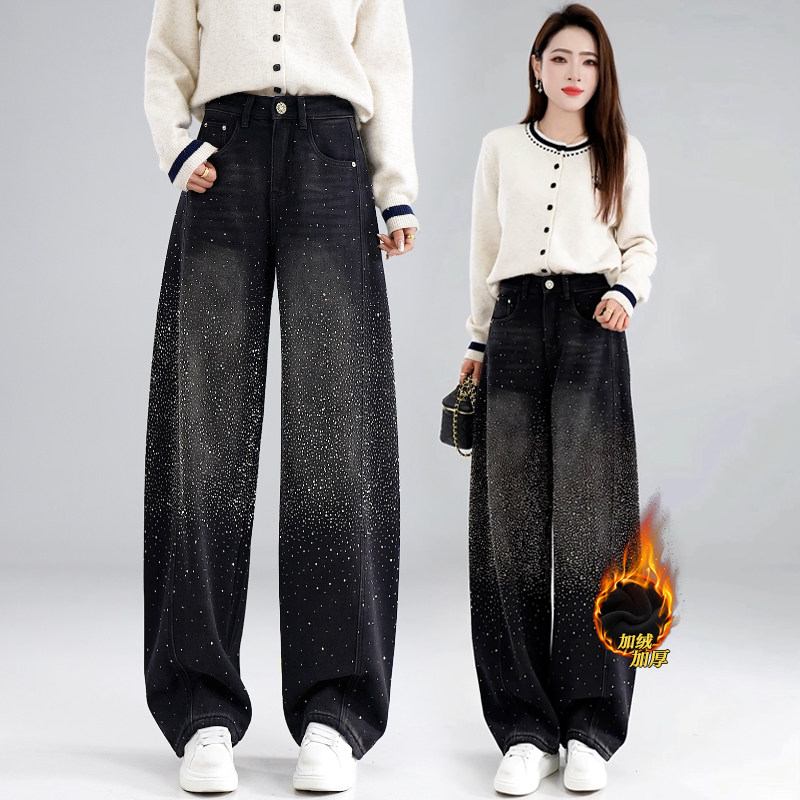 黑色烫钻弯刀牛仔裤女冬季加绒加厚2025新款高腰宽松直筒阔腿裤子,女装/女士精品,休闲裤,淘宝优惠券,粉丝福利购,淘宝优惠卷