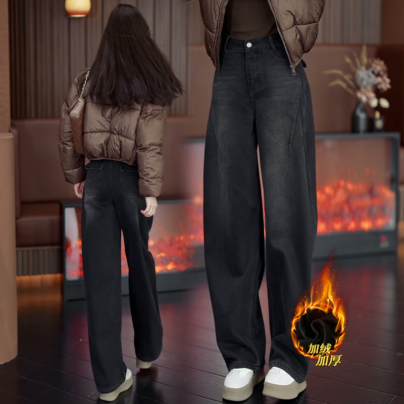 黑灰色弯刀牛仔裤女秋冬加绒加厚