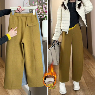 黄色九分毛呢弯刀裤女秋冬加绒加厚2025新款小个子直筒阔腿裤子冬