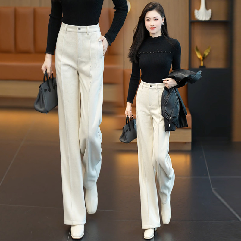 米白色羊毛呢阔腿裤女冬季加厚2025新款宽松慵懒风直筒糯米裤子冬,女装/女士精品,休闲裤,淘宝优惠券,粉丝福利购,淘宝优惠卷