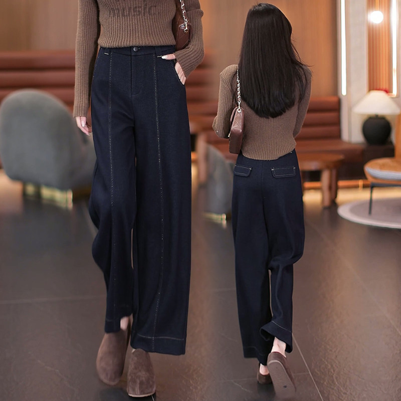藏青色九分羊绒毛呢直筒裤女秋冬加厚2025新款宽松小个子阔腿裤子,女装/女士精品,休闲裤,淘宝优惠券,粉丝福利购,淘宝优惠卷