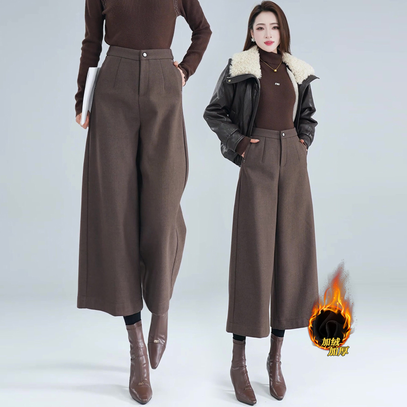 灰色八分毛呢阔腿裤女冬加绒加厚