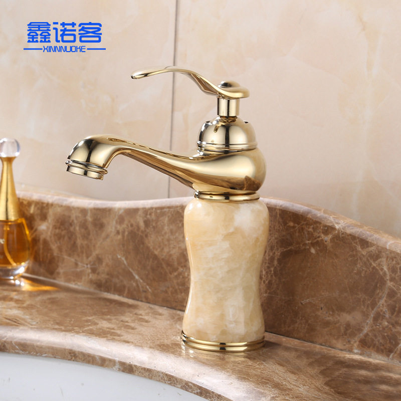 欧式浴室仿古洗面盆水龙头铜冷热黄玉石产地金色神灯台上盆