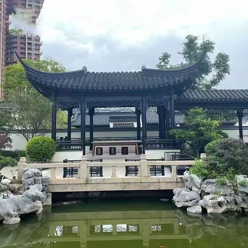 户外防腐木六角双层小青瓦古建凉亭室外文化长廊花园木屋水榭亭子