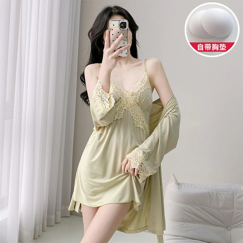 吊带和开衫两件套夏季莫代尔蕾丝花边带胸垫睡裙和服长袖睡袍睡衣图片