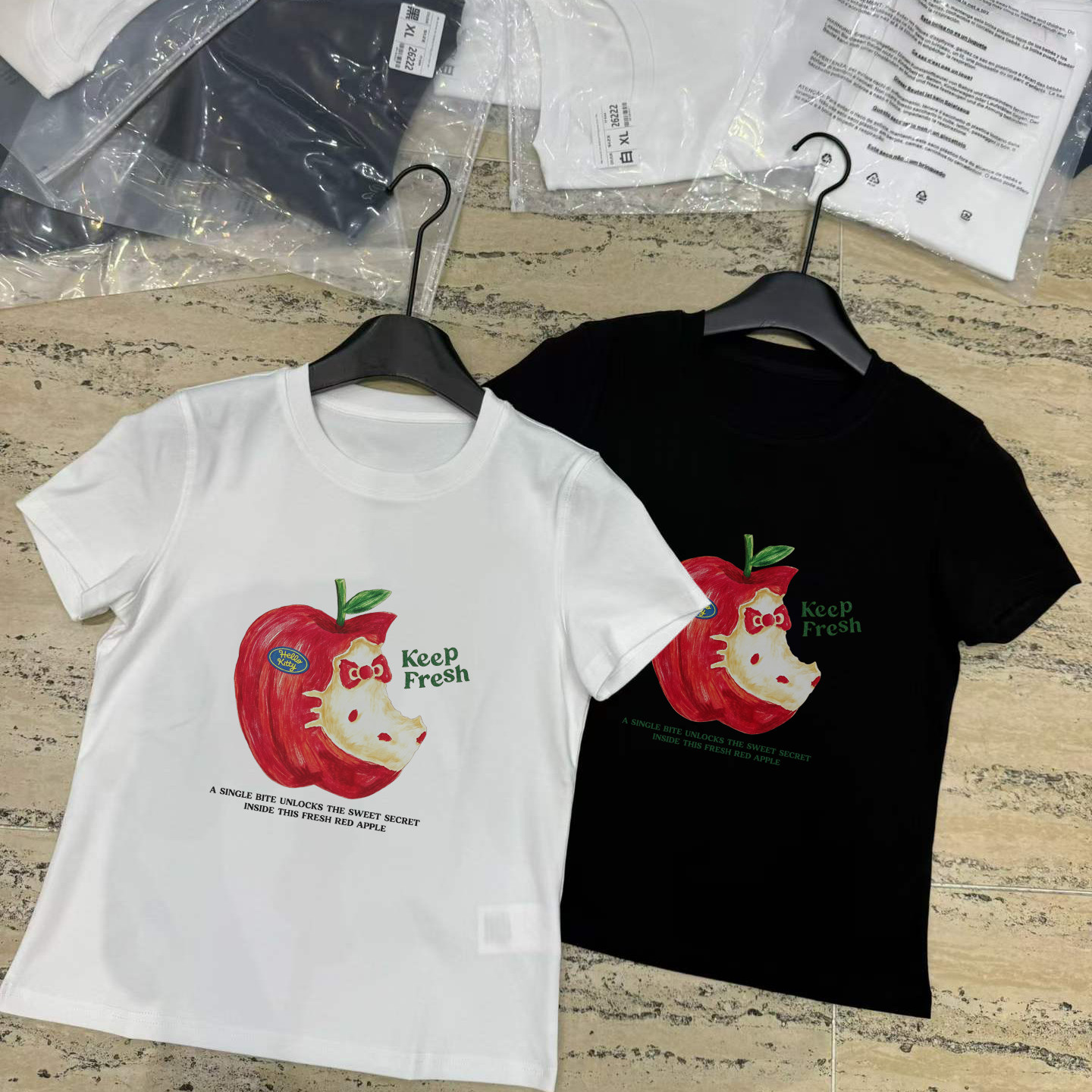 南油小众新品夏季清新甜妹水彩咬痕苹果印花短袖T恤显瘦修身上衣