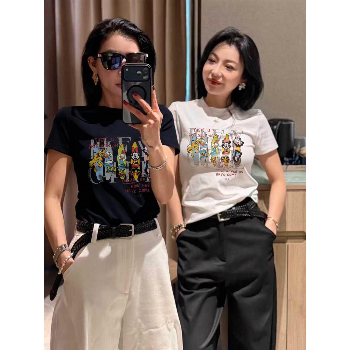 南油小众206夏季洋气冲浪米奇卡通印花短袖T恤女正肩修身显瘦上衣