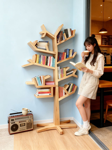 实木树形书架装饰置物架儿童树杈墙上壁挂隔板创意书柜落地展示架